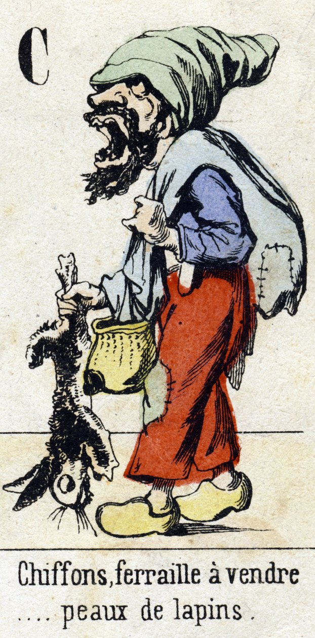 C betű „Rongyok, fémhulladékok eladók... nyúlbőrök.” Ábécé "Gyermekek szórakozása". Az Epinal képalkotása, 1890 körül. Népszerű sorozat. 8 oldalas kis füzet. Sablonos fametszetek a kis utcai metrók és a párizsi kiáltások témájában alkotó: Unbekannt