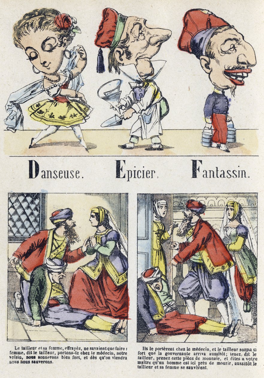 D, E és F betű: táncos, élelmiszerbolt és gyalogság. A keleti mese ábécéje. Az Epinal képalkotása, 1890 körül. Népszerű sorozat. 8 oldalas kis füzet. Mérete: 205x150 mm. Sablonos fametszetek metierek témájában alkotó: Unbekannt
