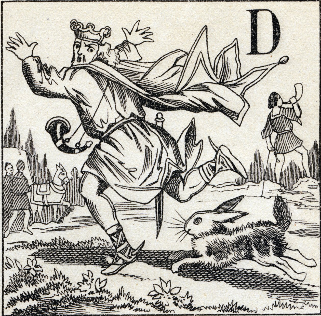 D betű: Dagobert királyt egy nyúl üldözi. Gravírozás "ABC Les Images en Alphabet"-ben. Epinális képalkotás. Pellerin és Cie, nyomdász-kiadó, Epinal, 19. század vége, 1890 körül. 10 oldal. Mérete: 19,5 x 13,5 cm alkotó: Unbekannt