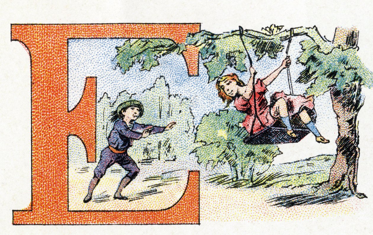 E betű: Scarpolette. Phosphatine Falieres ábécéje. Metszés. Brevete ábécé S.G.D.G. Pierre Emile Falieres gyógyszerésztől. Kromolitográfiai illusztrációk, 19. század vége. 16 oldal. Mérete: 103x154 mm alkotó: Unbekannt