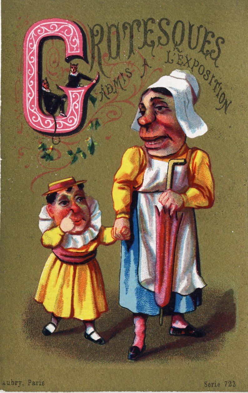 G betű: Groteszkek beléptek a kiállításra. "Alphabet des grotesques" metszet. 25 reklámkromolitográfiát tartalmazó sorozat dore alapon, 19. század vége. Mérete: 11x7 cm alkotó: Unbekannt