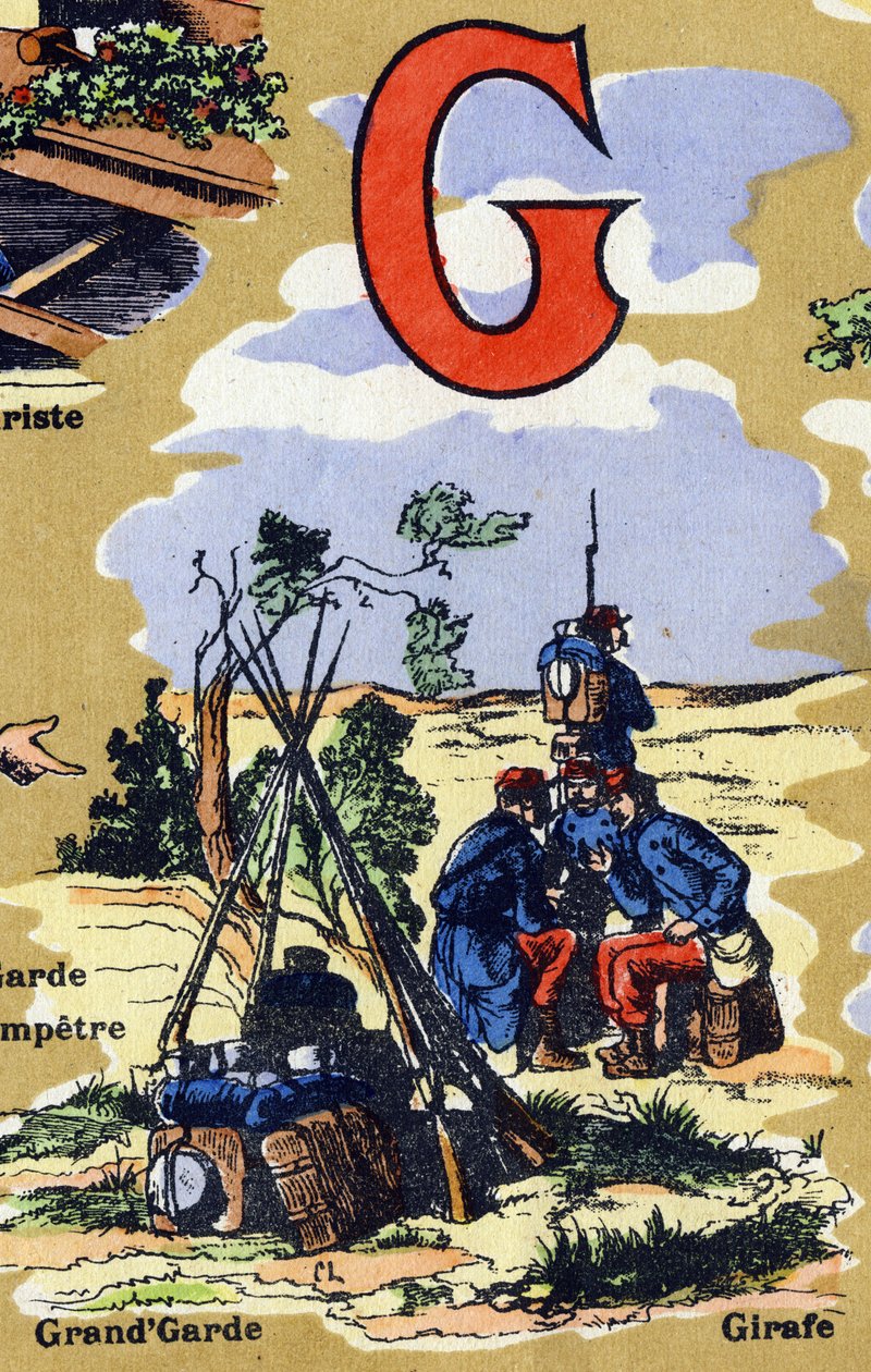 G betű, mint a hadsereg nagy őrzője. Iphabet illusztrálja. A képek újra egyesültek Jarville-Nancy-ben, a 20. század elején. Mérete: 40x29 cm. Litográfia bisztre alapon alkotó: Unbekannt