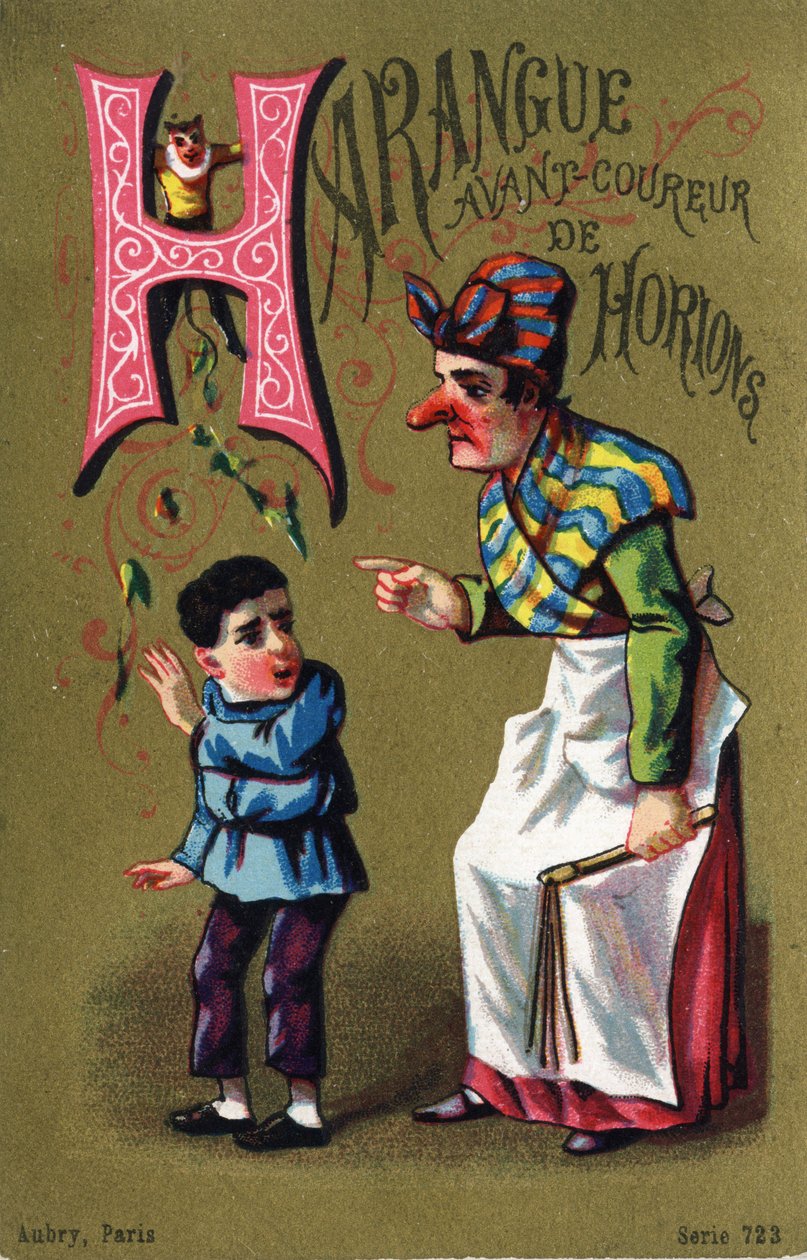 H betű: Harangue horion runner előtt. "Alphabet des grotesques" metszet. 25 reklámkromolitográfiát tartalmazó sorozat dore alapon, 19. század vége. Mérete: 11x7 cm alkotó: Unbekannt