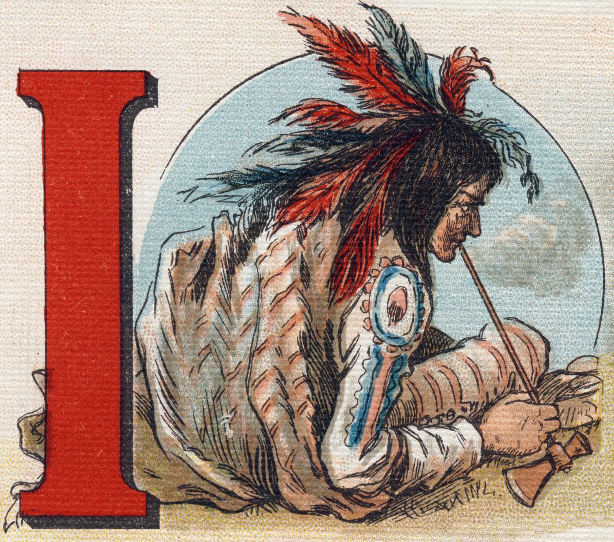I. betű: amerikai indián. Metszet "Alphabet de ma petite fille". Bernardin-Bechet és Fils, könyvkereskedő-kiadók, Párizs, 1895 körül. Törhetetlen album vásznon. Bibliotheque des Bebes. 12 oldal. Olvasási módszert és illusztrációt tartalmazó album alkotó: Unbekannt