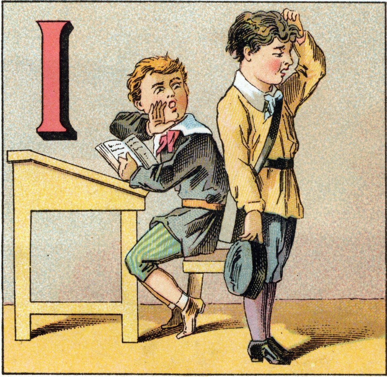 I. betű, mint tudatlanság. Egy diák kérdezősködik, elfelejtette előadását, és megismétli, amit az egyik bajtársa fúj. Metszet „Alphabet des petits ecoliers” felirattal. Az Epinal képalkotása, 1885 körül. Privee Collection alkotó: Unbekannt