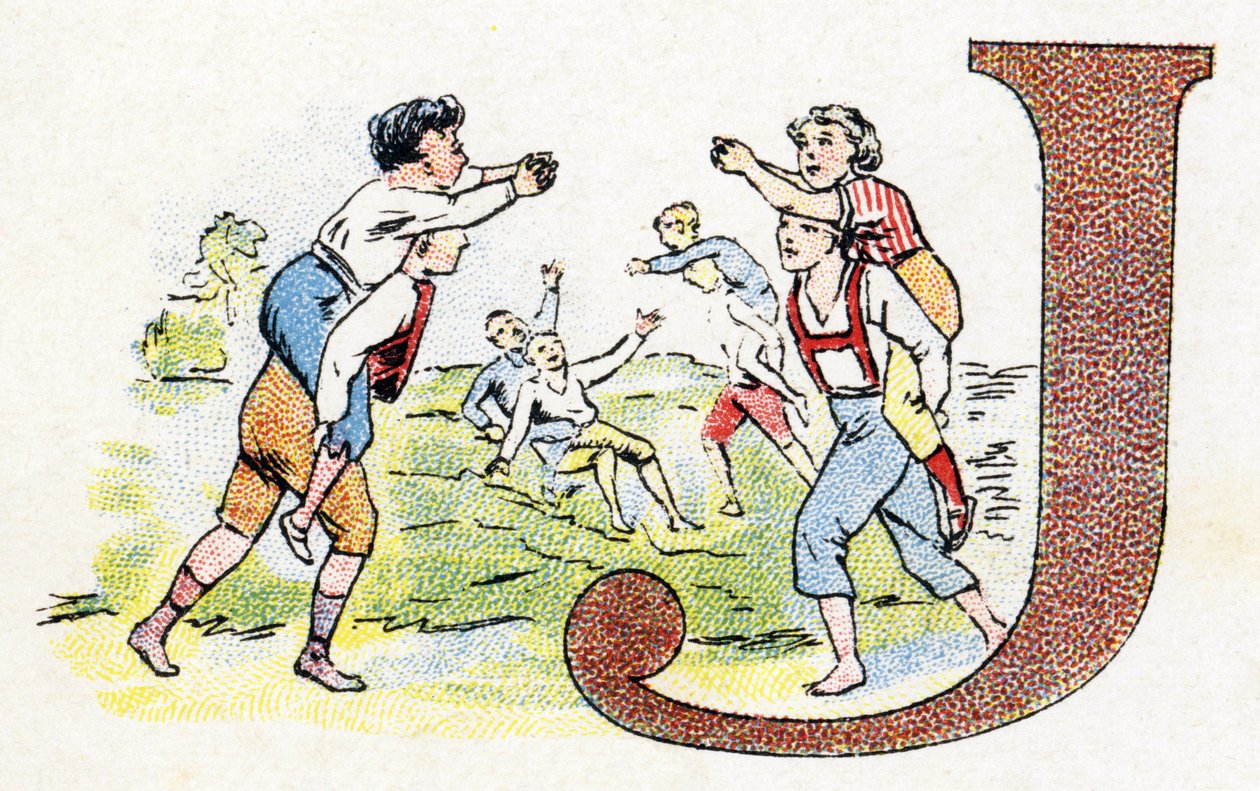 J betű: Játék. Phosphatine Falieres ábécéje. Metszés. Brevete ábécé S.G.D.G. Pierre Emile Falieres gyógyszerésztől. Kromolitográfiai illusztrációk, 19. század vége. 16 oldal. Mérete: 103x154 mm alkotó: Unbekannt