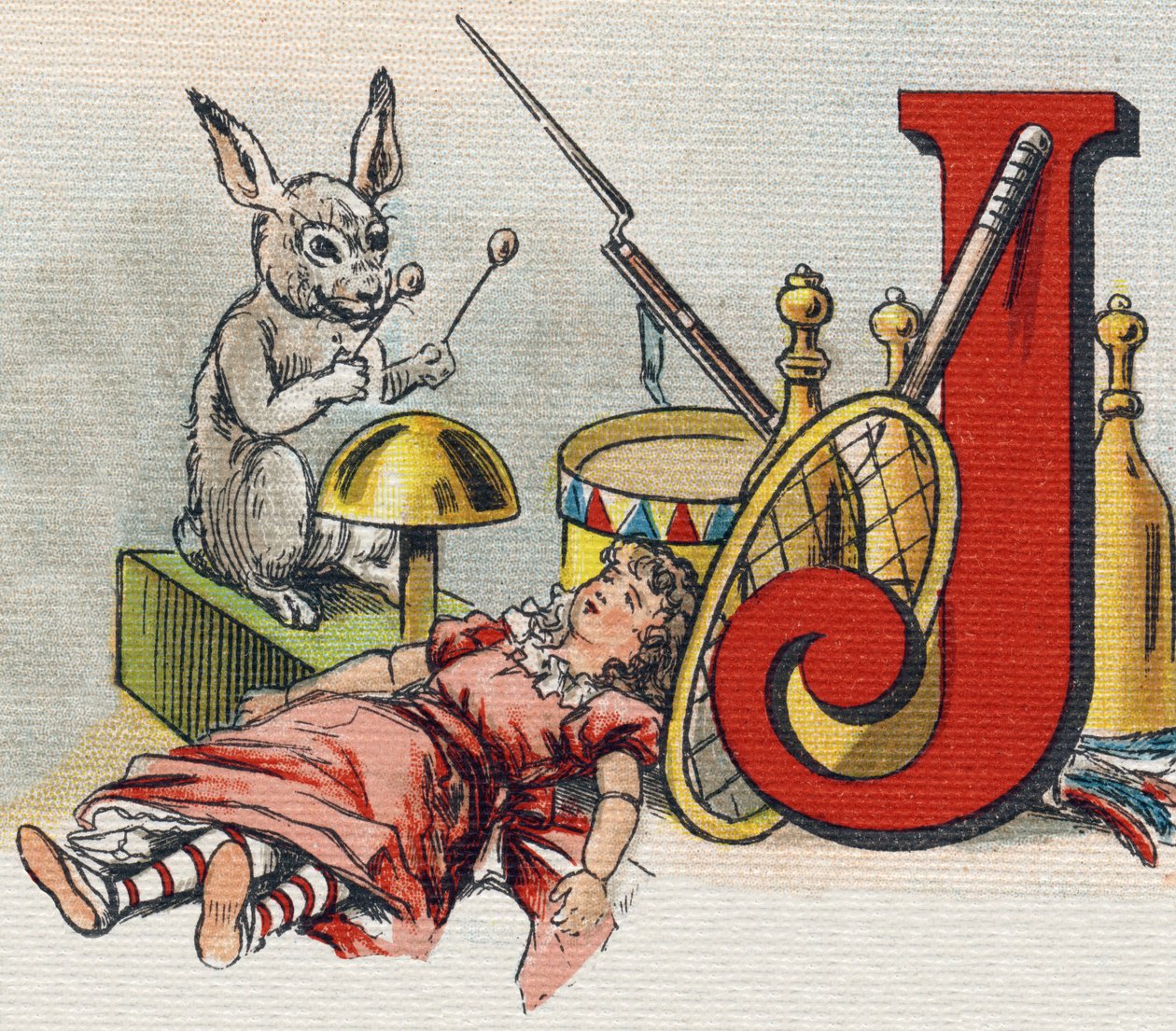 J betű: játékok. Metszet "Alphabet de ma petite fille". Bernardin-Bechet és Fils, könyvkereskedő-kiadók, Párizs, 1895 körül. Törhetetlen album vásznon. Bibliotheque des Bebes. 12 oldal. Olvasási módszert és szemléltető abeccedert tartalmazó album alkotó: Unbekannt