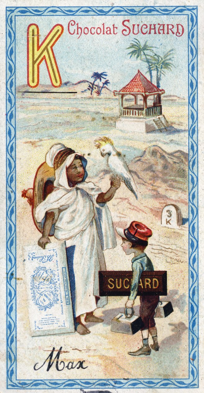 K betű: kabyle, kepi, kilogramm, kakatoes, kioszk, kilométer. Az ábécé metszetét Chocolat Suchard szerkesztette, a XX. század eleje. 24 kromolitográfia, amelyek a képen felfedezendő helyeket, karaktereket és tárgyakat ábrázolják. Mérete: 105x55 mm alkotó: Unbekannt