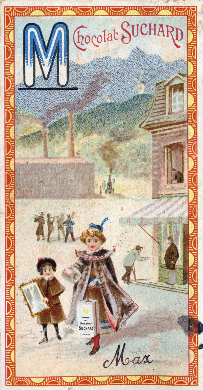 M betű: hegy, tükör, gép, gyártás, kabát, koldus, malom. Az ábécé metszetét Chocolat Suchard szerkesztette, a XX. század eleje. 24 kromolitográfia, amelyek a képen felfedezendő helyeket, karaktereket és tárgyakat ábrázolják. Homályos: alkotó: Unbekannt