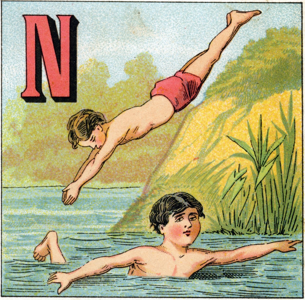 N betű az úszáshoz. Metszet „Alphabet des petits ecoliers” felirattal. Az Epinal képalkotása, 1885 körül. Privee Collection alkotó: Unbekannt