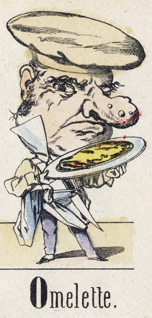O betű: Omlett. A keleti mese ábécéje. Az Epinal képalkotása, 1890 körül. Népszerű sorozat. 8 oldalas kis füzet. Mérete: 205x150 mm. Sablonos fametszetek metierek témájában alkotó: Unbekannt