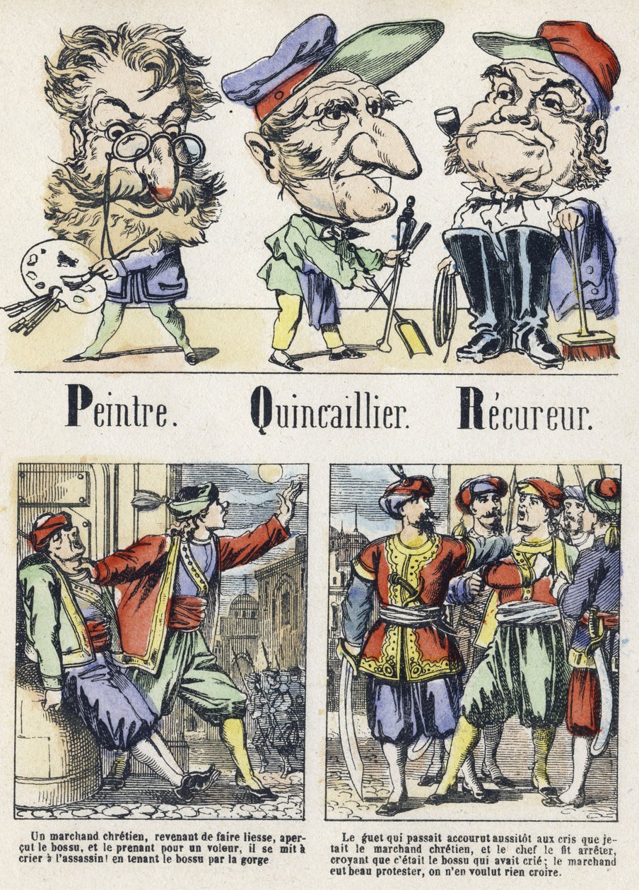 P, Q és R betű: festő, hardver és helyreállító. A keleti mese ábécéje. Az Epinal képalkotása, 1890 körül. Népszerű sorozat. 8 oldalas kis füzet. Mérete: 205x150 mm. Sablonos fametszetek metierek témájában alkotó: Unbekannt