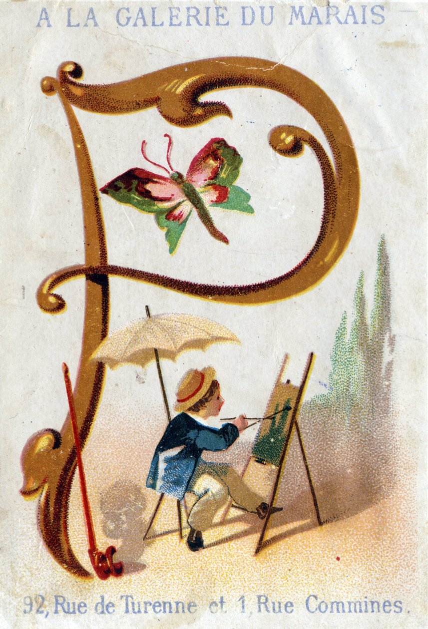P betű: festő, pillangó, napernyő, pipa. Alphabet Art Nouveau: 25 reklámkromolitográfiából álló sorozat. Alfred Clarey litográfiája, 19. század vége. Mérete 115x75 mm alkotó: Unbekannter Künstler