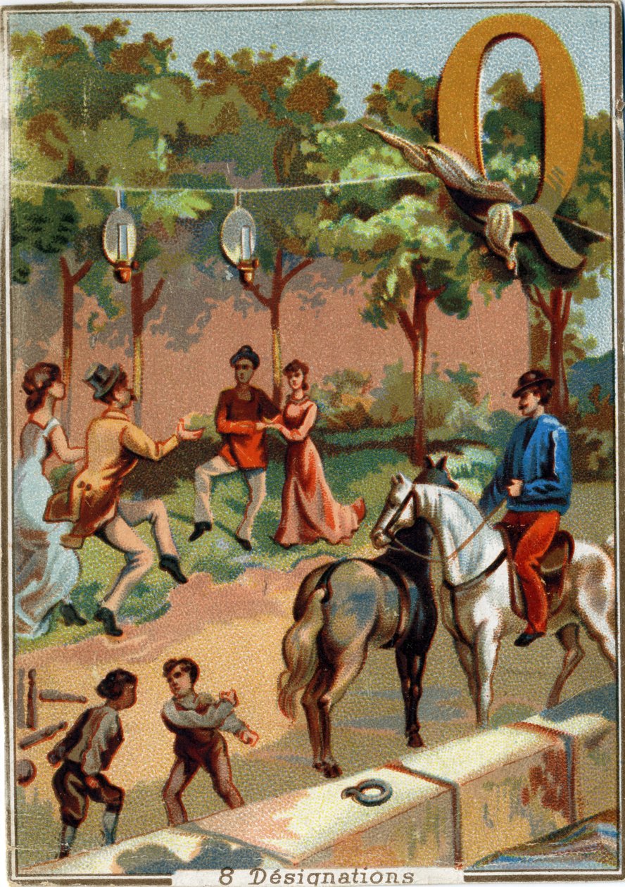 Q betű: quadrille; veszekedés; bowling; macskafarok; quiquets; négy; rakpart. Ábécé . Mindegyik képen számos illusztris szó található, amelyek ábrázolása színpadra kerül. A párizsi litográfia kromolitográfiái, 1890 körül. Mérete: 10,7x7,5 cm. alkotó: Unbekannt