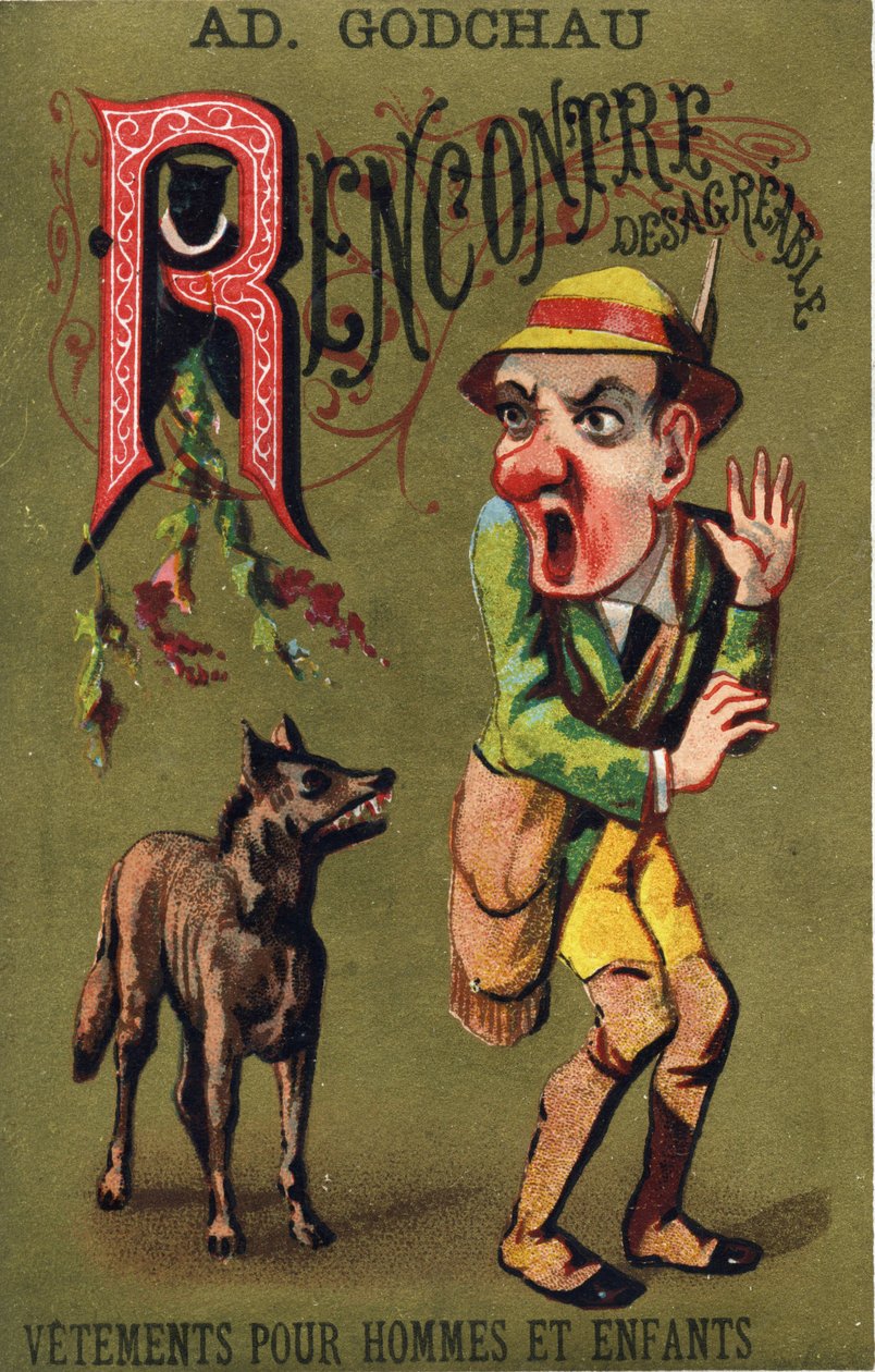 R betű: Kellemetlen találkozó. "Alphabet des grotesques" metszet. 25 reklámkromolitográfiát tartalmazó sorozat dore alapon, 19. század vége. Mérete: 11x7 cm alkotó: Unbekannt