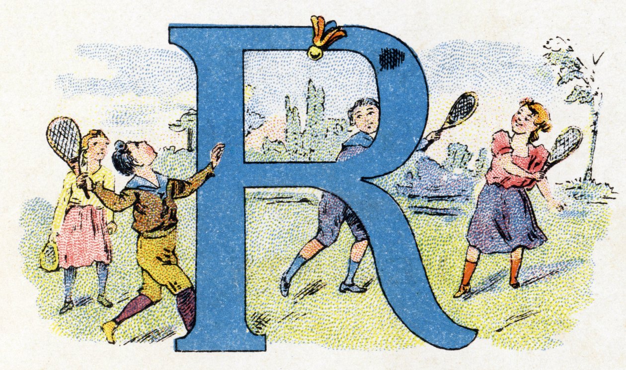R betű: Repülő ütő. Phosphatine Falieres ábécéje. Metszés. Brevete ábécé S.G.D.G. Pierre Emile Falieres gyógyszerésztől. Kromolitográfiai illusztrációk, 19. század vége. 16 oldal. Mérete: 103x154 mm alkotó: Unbekannt