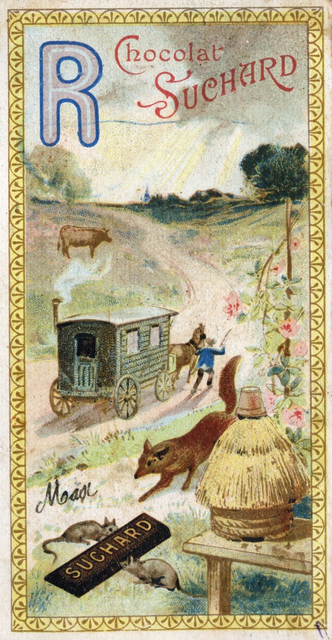 R betű: ráják, kérődzők, utánfutó, kaptár, róka, patkányok, rózsa. Az ábécé metszetét Chocolat Suchard szerkesztette, a XX. század eleje. 24 kromolitográfia, amelyek a képen felfedezendő helyeket, karaktereket és tárgyakat ábrázolják. Mérete: 105x55 mm alkotó: Unbekannt