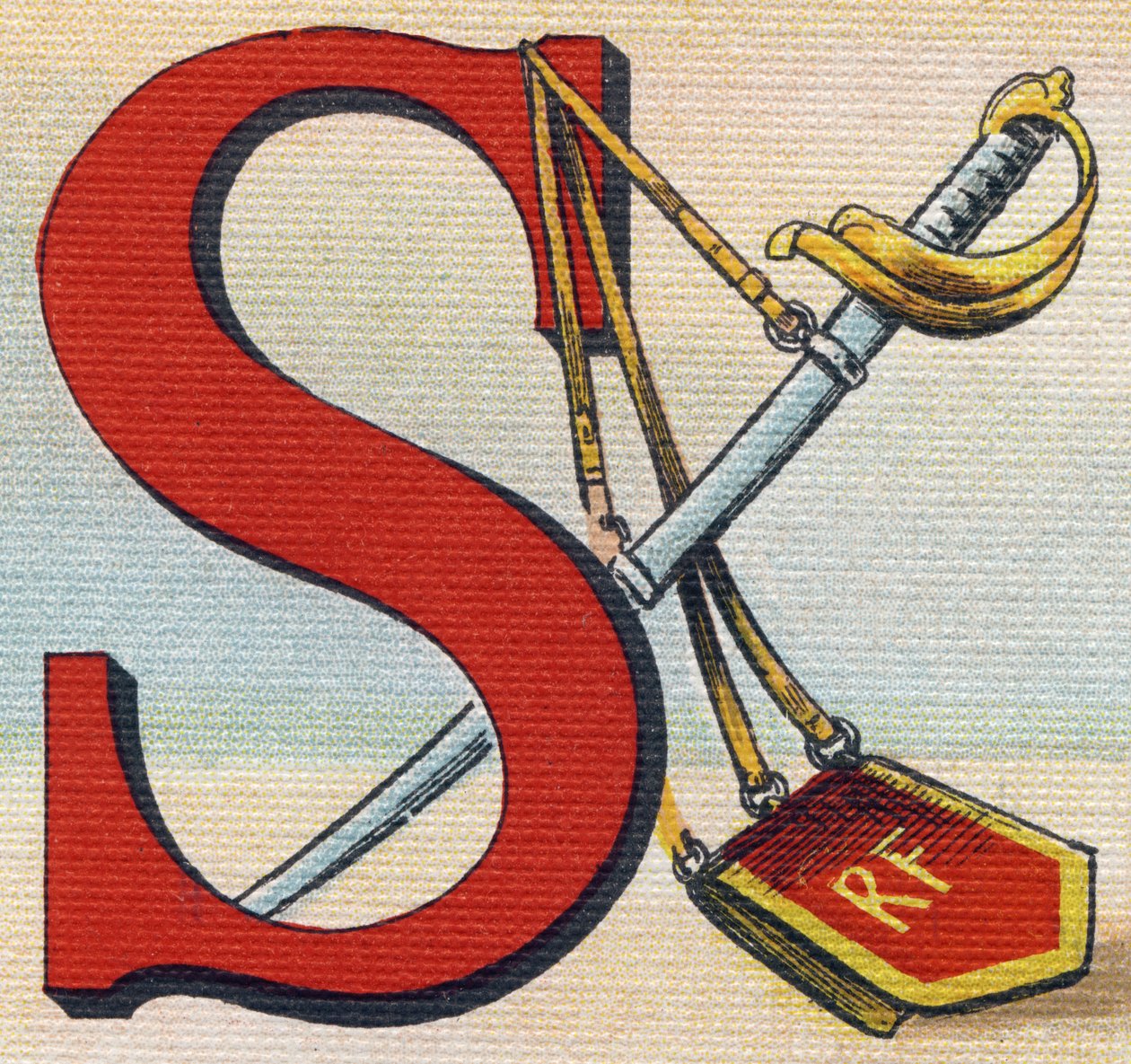 S betű: Szablya. Metszet "Alphabet de ma petite fille". Bernardin-Bechet és Fils, könyvkereskedő-kiadók, Párizs, 1895 körül. Törhetetlen album vásznon. Bibliotheque des Bebes. 12 oldal. Olvasási módszert és szemléltető abecedart tartalmazó album alkotó: Unbekannt