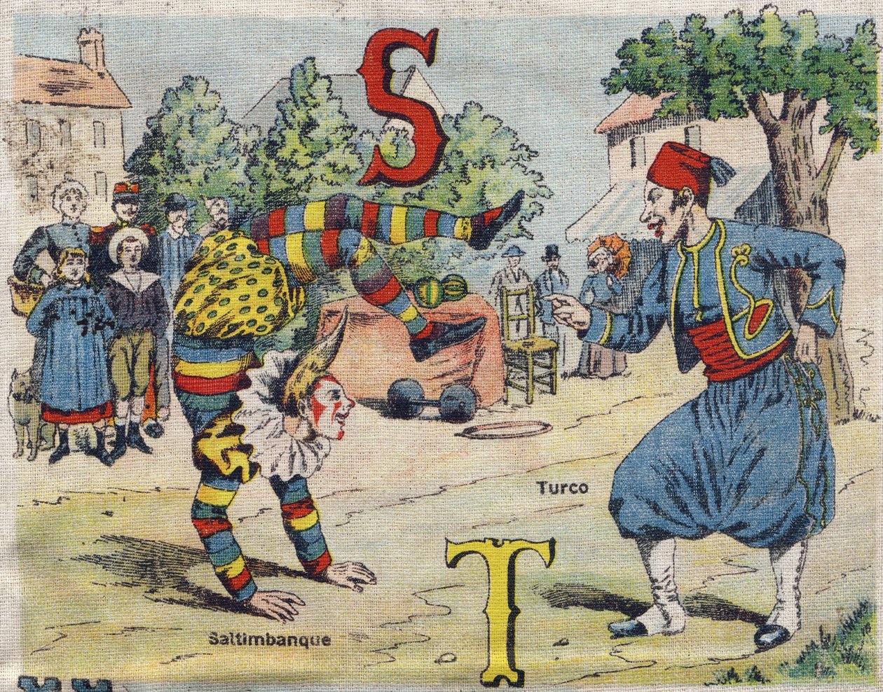 S és T betű: Saltimbanque és Turco. Drolatic album. Albums-chromo, vászon 4. számú sorozata. Kromolitográfia a szöveteken. Képalkotás Marcel Vagne, Jarville-Nancy, 20. század eleje. Mérete: 25x17,5 cm alkotó: Unbekannt