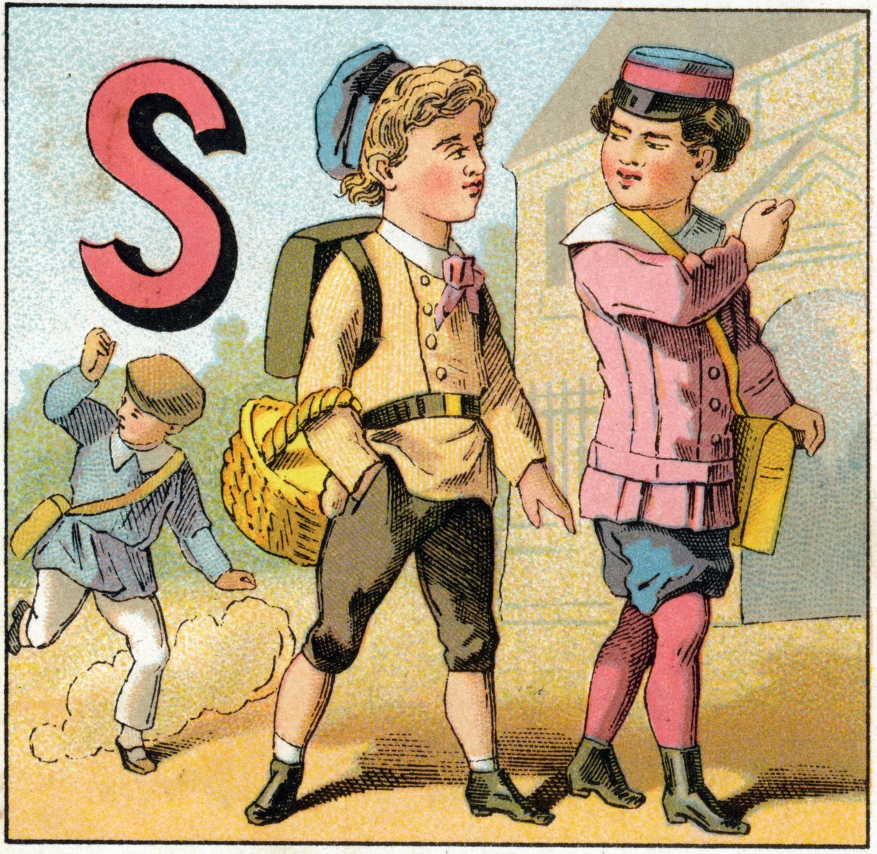 Az S betű iskolaelhagyásként. Metszet „Alphabet des petits ecoliers” felirattal. Az Epinal képalkotása, 1885 körül. Privee Collection alkotó: Unbekannt