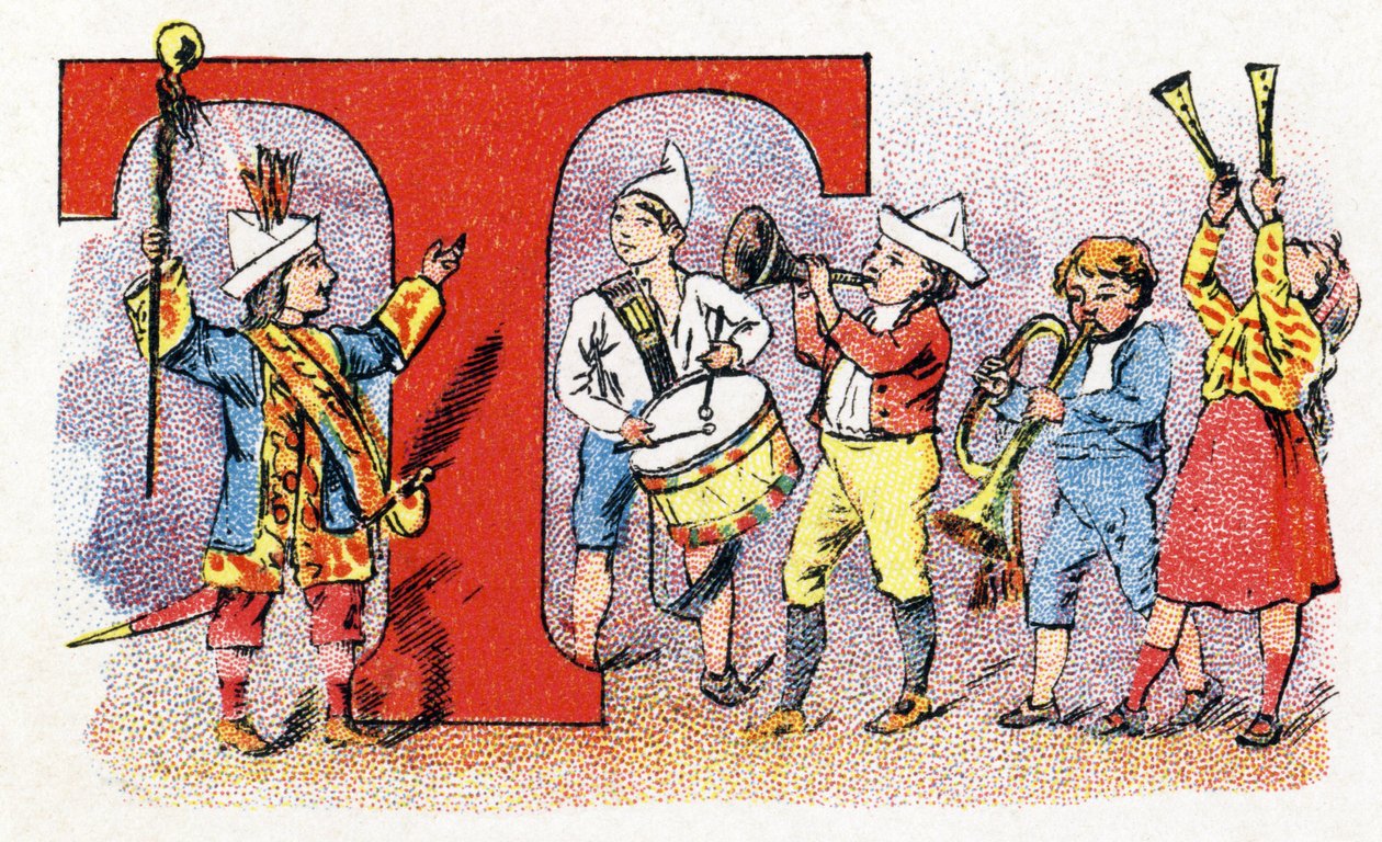 T betű: Trombitadob. Phosphatine Falieres ábécéje. Metszés. Brevete ábécé S.G.D.G. Pierre Emile Falieres gyógyszerésztől. Kromolitográfiai illusztrációk, 19. század vége. 16 oldal. Mérete: 103x154 mm alkotó: Unbekannt