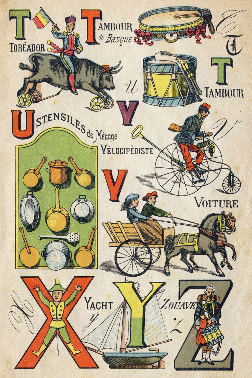 T , U , V , X, Y és Z betű. Gravírozás az "ABC Toys"-ba. Epinalis képalkotás a kromolitográfiában, 1890 körül. 8 oldalas kis füzet. Mérete: 195x135mm, 4. borítóban való hirdetés fogadására szolgál. Otthoni használatra kínál illusztris apát és sm alkotó: Unbekannt