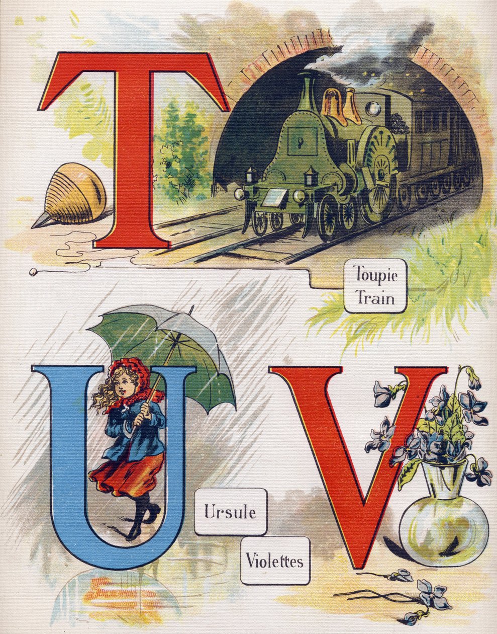 T, U és V betű: felső, vonat, ursula és lila. Metszet "ABC L