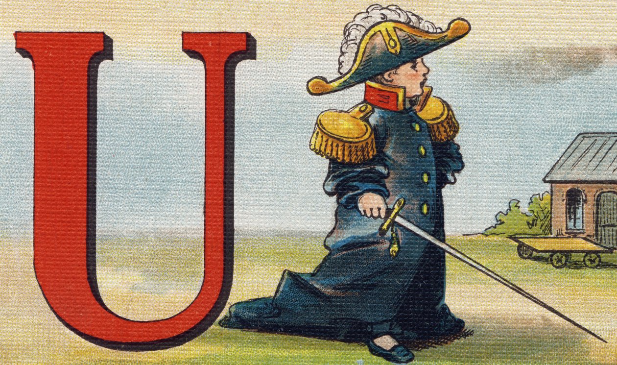 U betű: egyenruha. Metszet "Alphabet de ma petite fille". Bernardin-Bechet és Fils, könyvkereskedő-kiadók, Párizs, 1895 körül. Törhetetlen album vásznon. Bibliotheque des Bebes. 12 oldal. Olvasási módszert és szemléltető abecedet tartalmazó album alkotó: Unbekannt