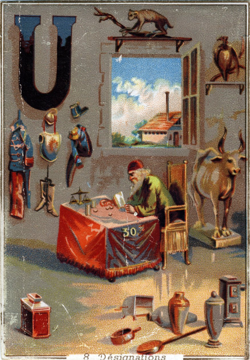 U betű: egyenruha; urna; urus; urubu; kölcsön élesebb; felszerelés; gyár. Ábécé . Mindegyik képen számos illusztris szó található, amelyek ábrázolása színpadra kerül. A párizsi litográfia kromolitográfiái, 1890 körül. Mérete: 10,7x7,5 cm. alkotó: Unbekannt