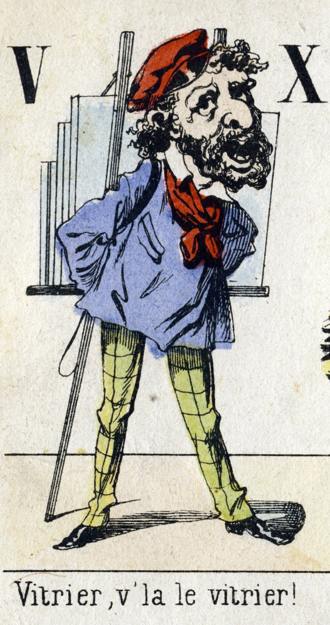 V és X betű: "Üveges, az üveges!" Ábécé "Gyermekek mulatsága". Epinal képalkotása, 1890 körül. Népszerű sorozat. 8 oldalas kis füzet alkotó: Unbekannt