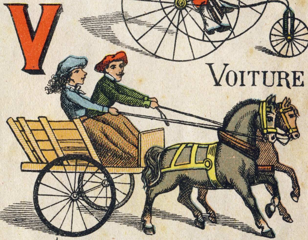 V betű az autóhoz. Gravírozás az "ABC Toys"-ba. Epinalis képalkotás a kromolitográfiában, 1890 körül. 8 oldalas kis füzet. Mérete: 195x135mm, 4. borítóban való hirdetés fogadására szolgál. Otthoni használatra kínál egy illusztris apát és egy kis olvasmányt alkotó: Unbekannt