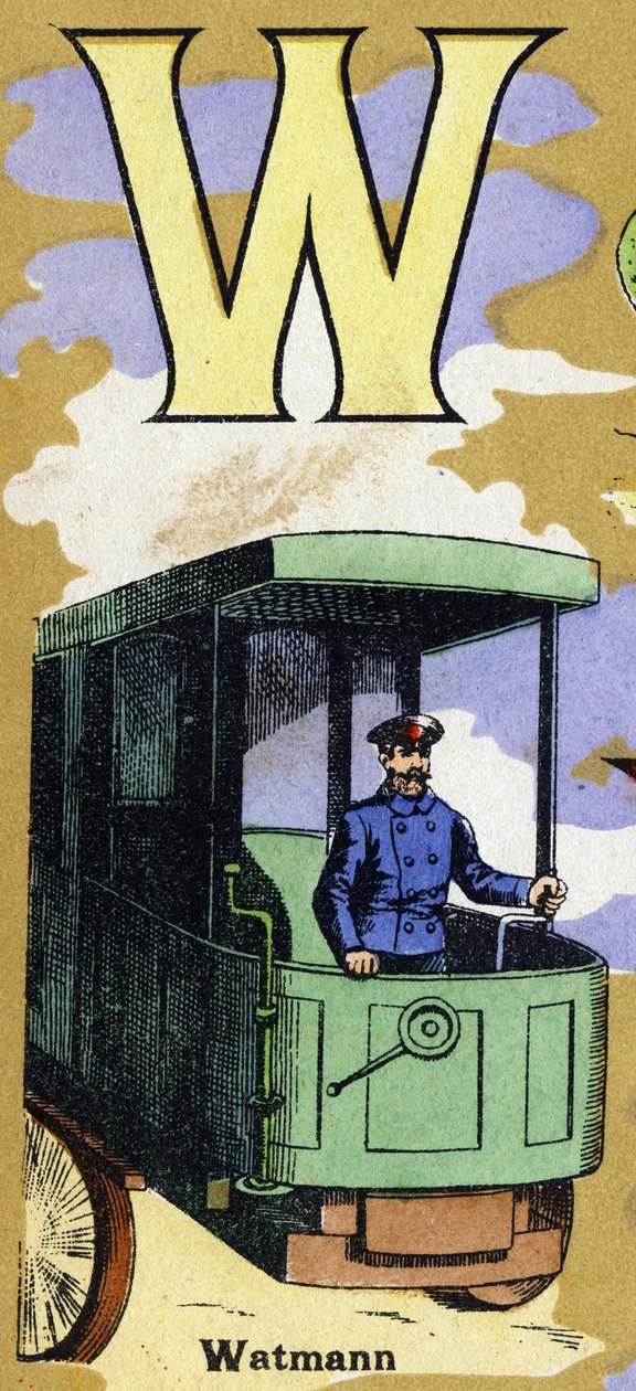 W betű, mint Watmann egy mozdonyvezetővel. Illusztrált ábécé. A képek a 20. század elején Jarville-Nancyben újra egyesültek. Mérete: 40x29 cm. Litográfia bisztre alapon alkotó: Unbekannt