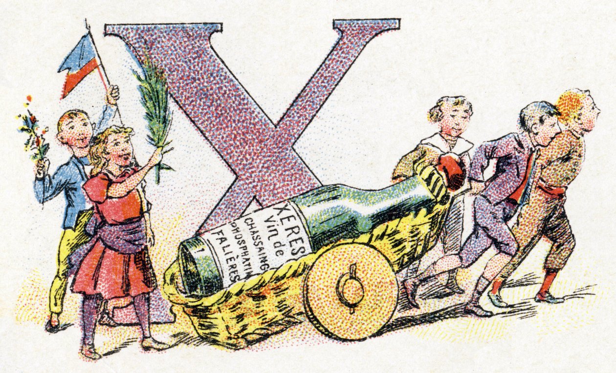 X betű: Xeres. Phosphatine Falieres ábécéje. Metszés. Brevete ábécé S.G.D.G. Pierre Emile Falieres gyógyszerésztől. Kromolitográfiai illusztrációk, 19. század vége. 16 oldal. Mérete: 103x154 mm alkotó: Unbekannt