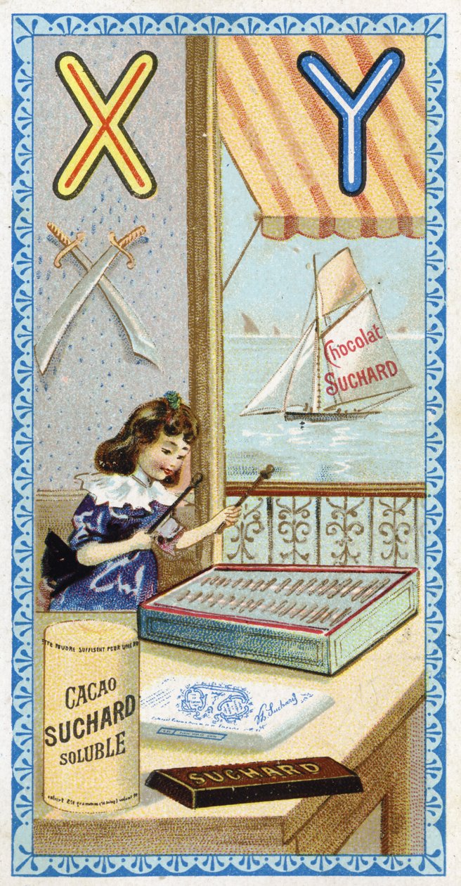 X betű: xilofonista és Y: yatagan, jacht. Az ábécé metszetét Chocolat Suchard szerkesztette, a XX. század eleje. 24 kromolitográfia, amelyek a képen felfedezendő helyeket, karaktereket és tárgyakat ábrázolják. Mérete: 105x55 mm alkotó: Unbekannt