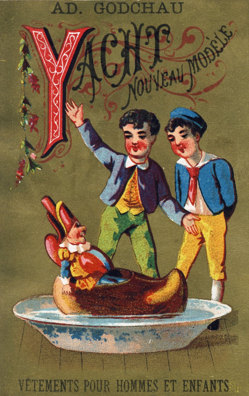 Y betű: Yacht új modell. "Alphabet des grotesques" metszet. 25 reklámkromolitográfiát tartalmazó sorozat dore alapon, 19. század vége. Mérete: 11x7 cm alkotó: Unbekannt