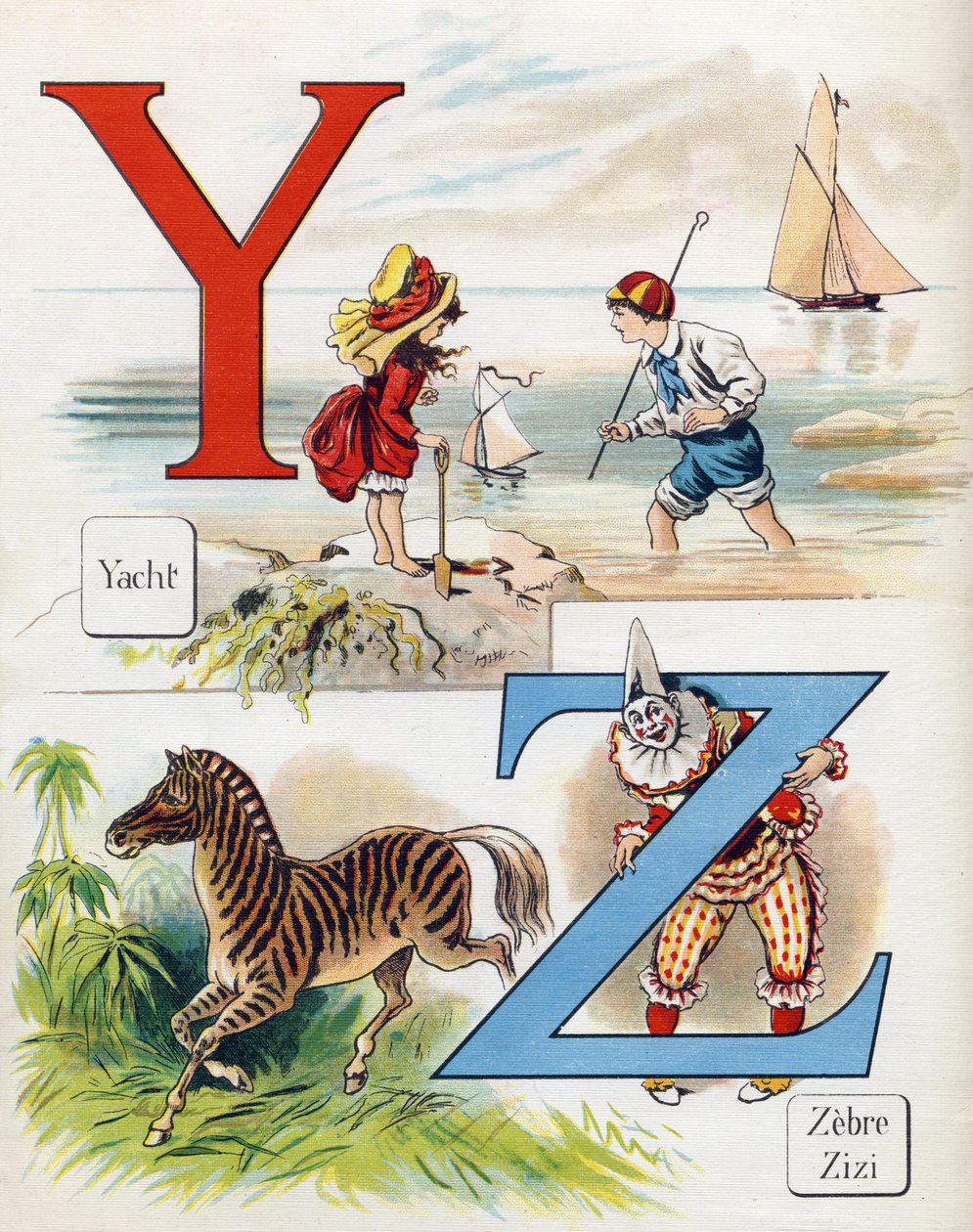 Y és Z betű: Yatch, zebra és Zizi, a bohóc. Metszet "ABC L