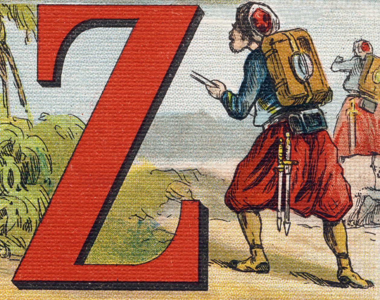 Z betű: Zouave. Metszet "Alphabet de ma petite fille". Bernardin-Bechet és Fils, könyvkereskedő-kiadók, Párizs, 1895 körül. Törhetetlen album vásznon. Bibliotheque des Bebes. 12 oldal. Olvasási módszert és szemléltető abecedát tartalmazó album alkotó: Unbekannt