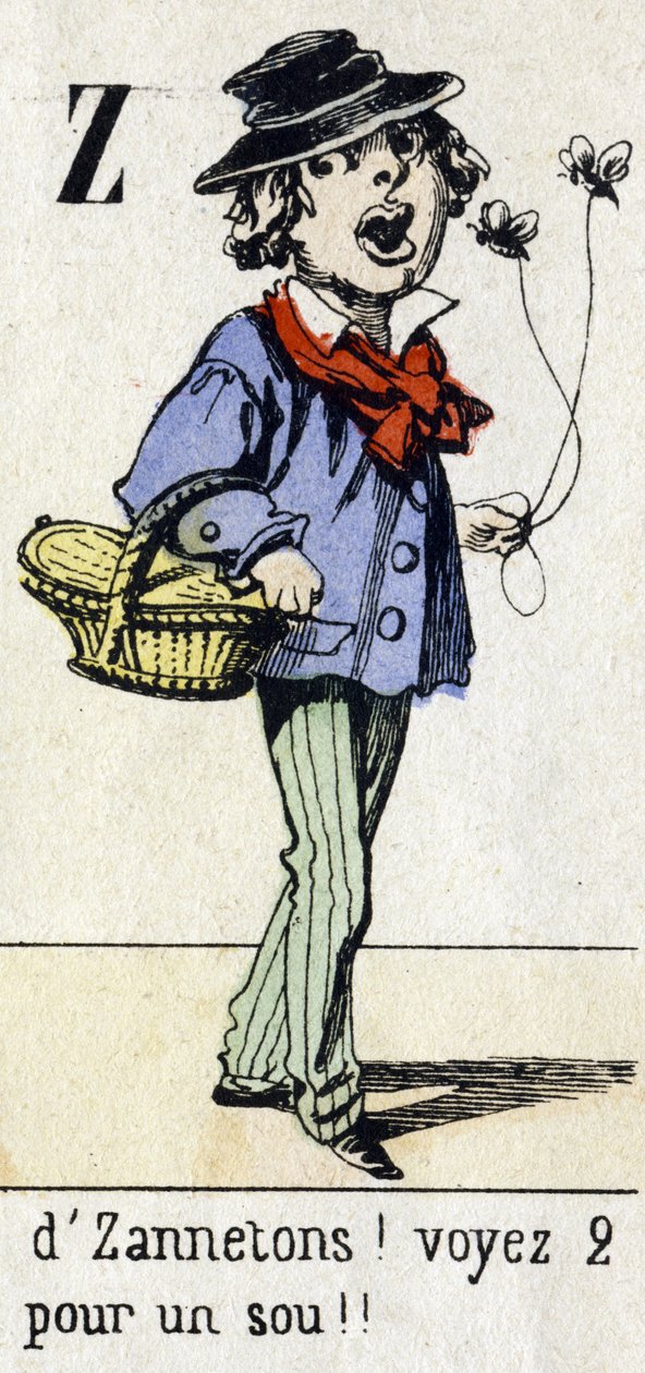 Z betű: "Zannetonstól! Lásd 2 fillért!! "ábécé "Gyermekek mulatsága". Az Epinal képalkotása, 1890 körül. Népszerű sorozat. 8 oldalas kis füzet. Sablonos fametszetek a kis utcai metrók és a párizsi kiáltások témájában alkotó: Unbekannt