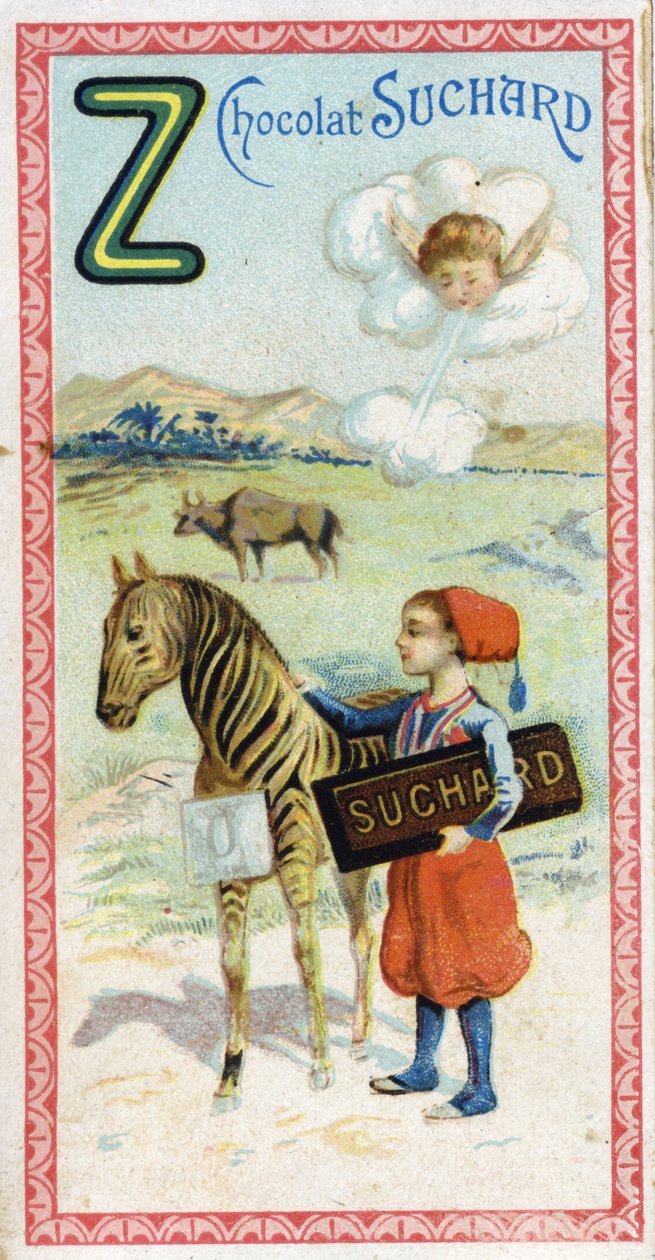 Z betű: zefír, zouave, zebu, zebra, nulla. Az ábécé metszetét Chocolat Suchard szerkesztette, a XX. század eleje. 24 kromolitográfia, amelyek a képen felfedezendő helyeket, karaktereket és tárgyakat ábrázolják. Mérete: 105x55 mm alkotó: Unbekannt