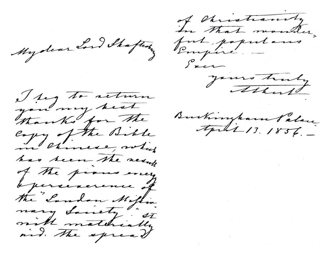 Albert, herceg hitves levele Anthony Ashley-Coopernek, Shaftesbury grófjának, amelyben megköszöni neki a Biblia kínai nyelvű példányát, amelyet a Buckingham-palotából írt. alkotó: Unbekannt