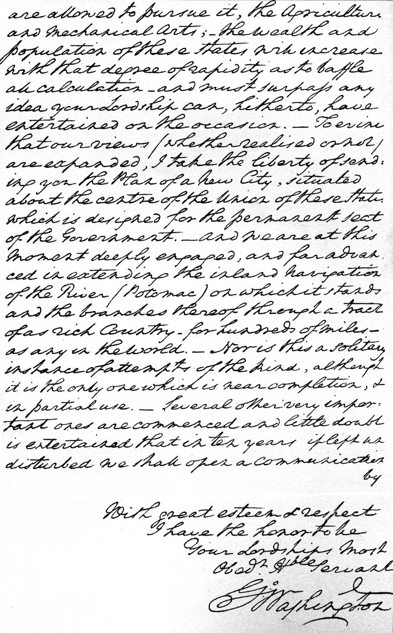 George Washington levele Buchan grófjának, amelyben kifejti a jövőbeli amerikai külpolitika alapelveit, beleértve a békét, az egyetemes barátságot és az európai politikába való bekapcsolódás elkerülését, valamint elküldi az új főváros építésének terveit alkotó: Unbekannt