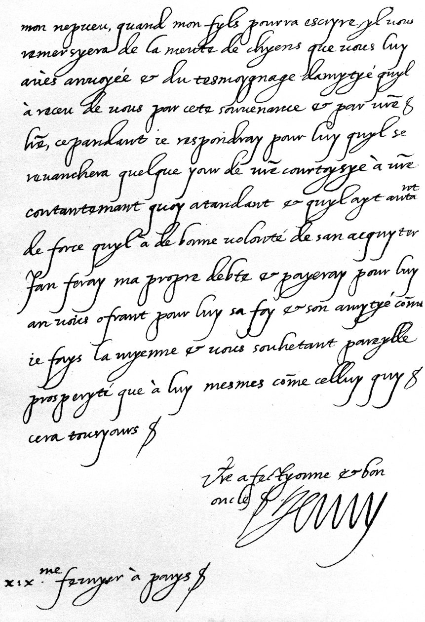 IV. Henrik francia király levele Henriknek, walesi hercegnek, amelyben megköszöni neki, hogy egy falka vadászkutya ajándékot adott fiának, a Dauphinnak, aki túl fiatal ahhoz, hogy személyesen írjon. alkotó: Unbekannt