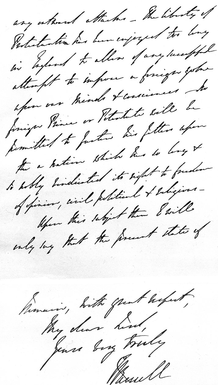 Lord John Russell miniszterelnök levele Durham püspökéhez, amelyben elítéli a pápa agresszióját római katolikus püspökségek felállításával Angliában, amelyet a Downing Streeten írt november 4-én. alkotó: Unbekannt