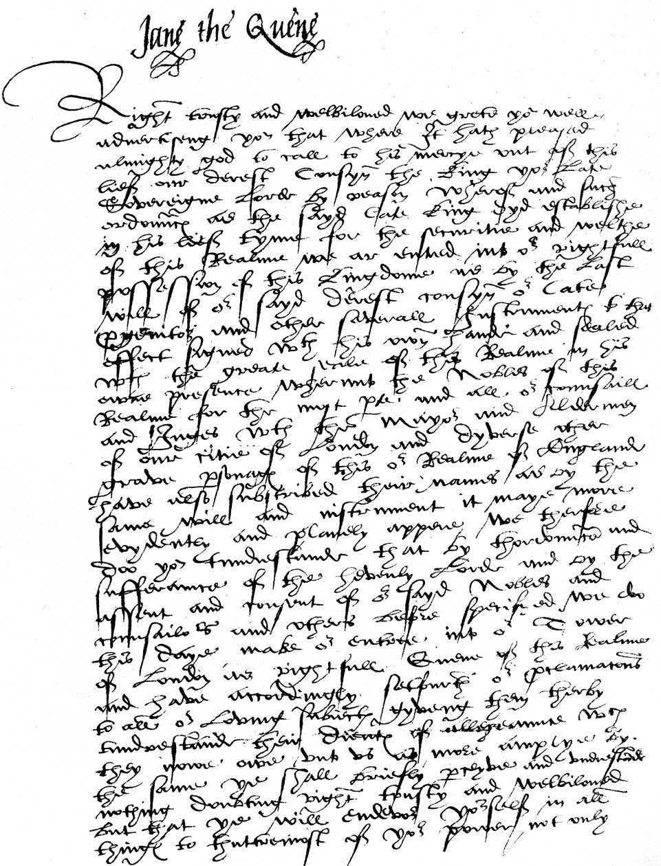 Lady Jane Grey által aláírt levél William Parrnak, Northampton márquessének, amelyben bejelentette királynői csatlakozását, és hűségét és segítségét kéri Lady Maryvel, „híres emlékű Henry Theight nagybátyánk gazfickó lányával” szemben. alkotó: Unbekannt
