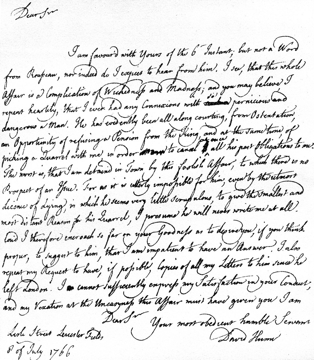 David Hume levele Richard Davenportnak, amelyben utal Jean-Jacques Rousseau-val való kapcsolatának nagy nehézségeire, Rousseau nyugdíjának elutasítására és Hume-mal való veszekedéseire, július 8-án alkotó: Unbekannt
