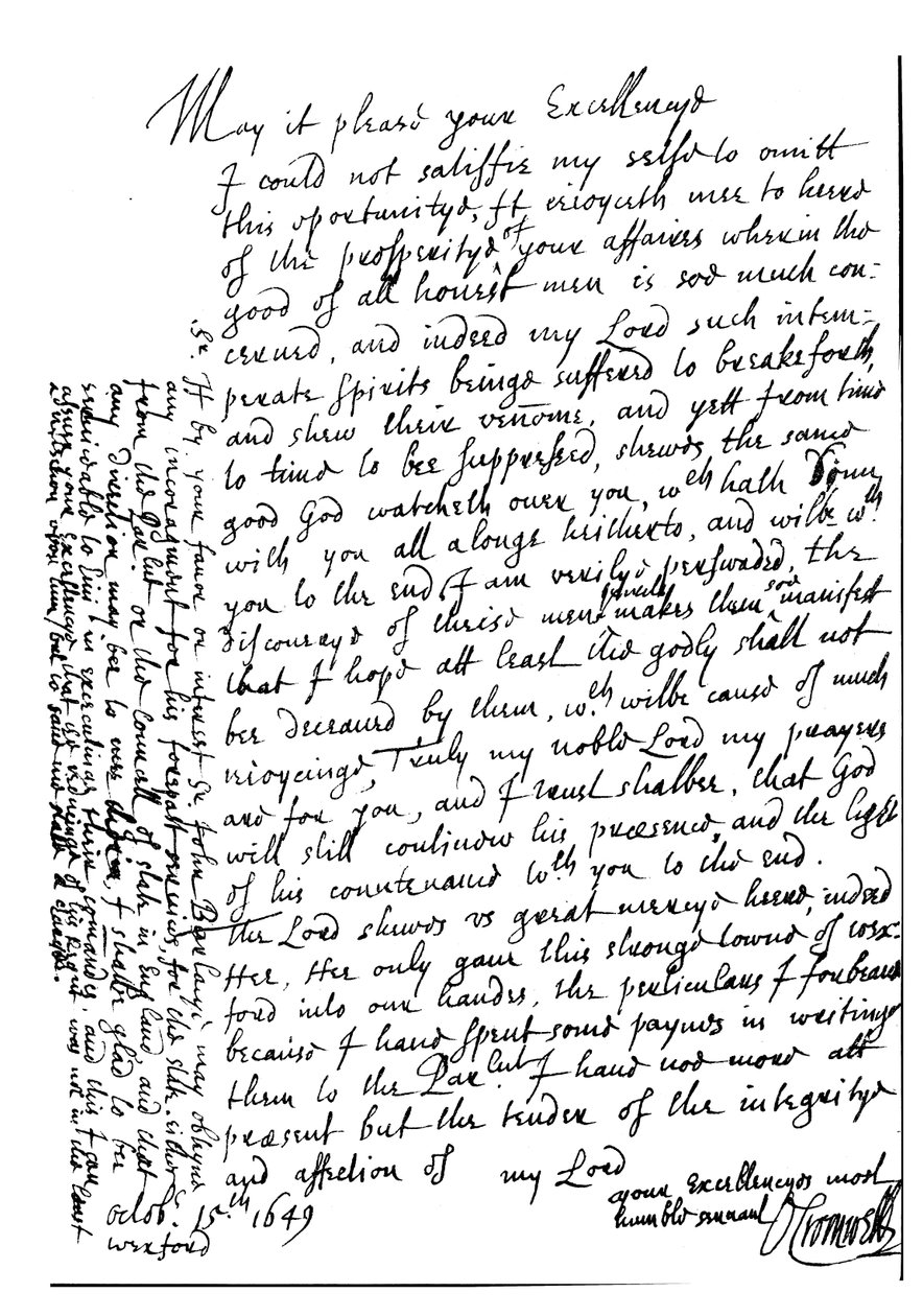 Oliver Cromwell levele Lord Fairfaxnak, hogy gratuláljon neki jólétéhez, és bejelentse az írországi Wexford elfoglalását alkotó: Unbekannt