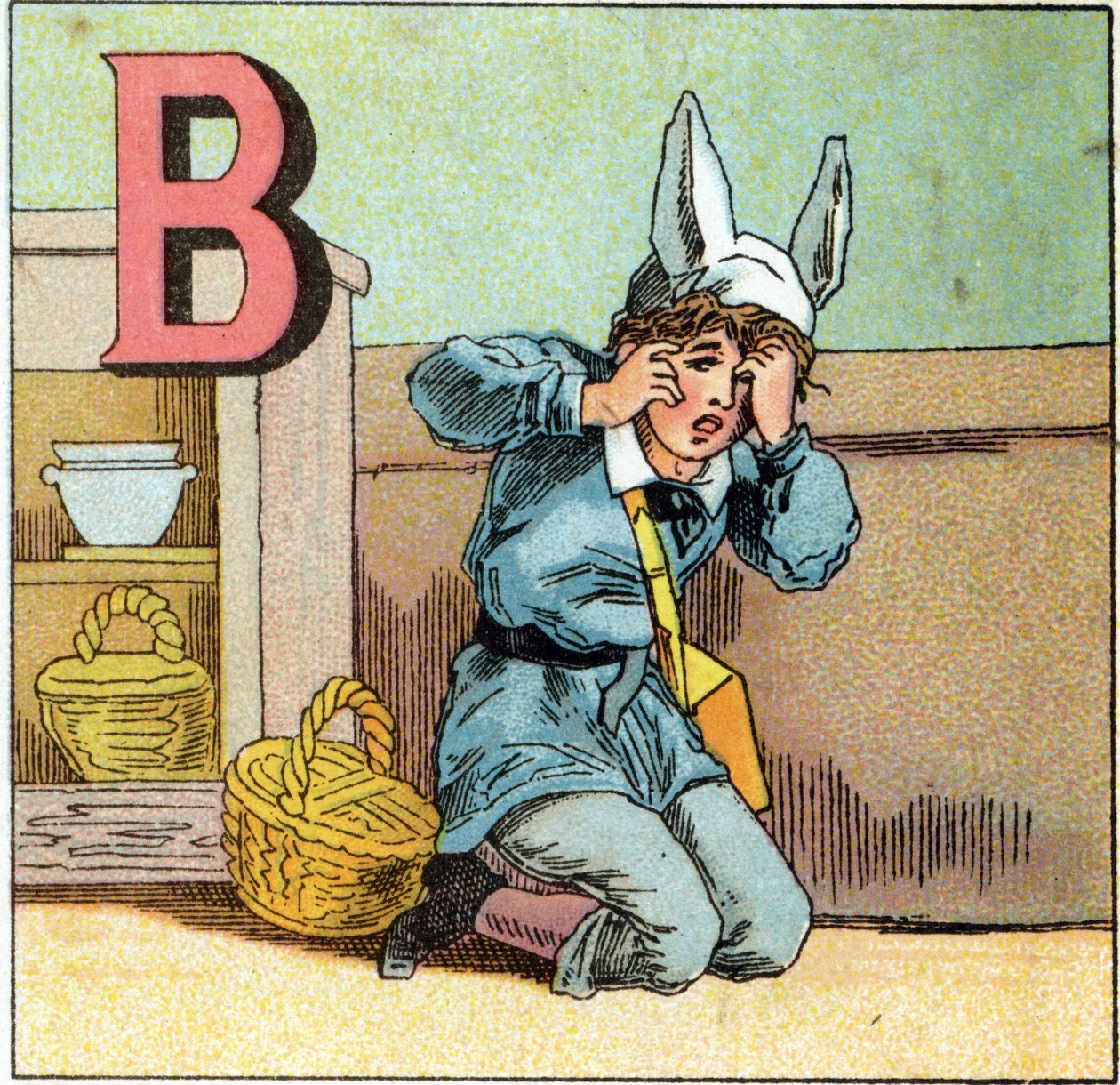 B betűk szamársapkaként . Metszet „Alphabet des petits ecoliers” felirattal. Az Epinal képalkotása, 1885 körül. Privee Collection alkotó: Unbekannt