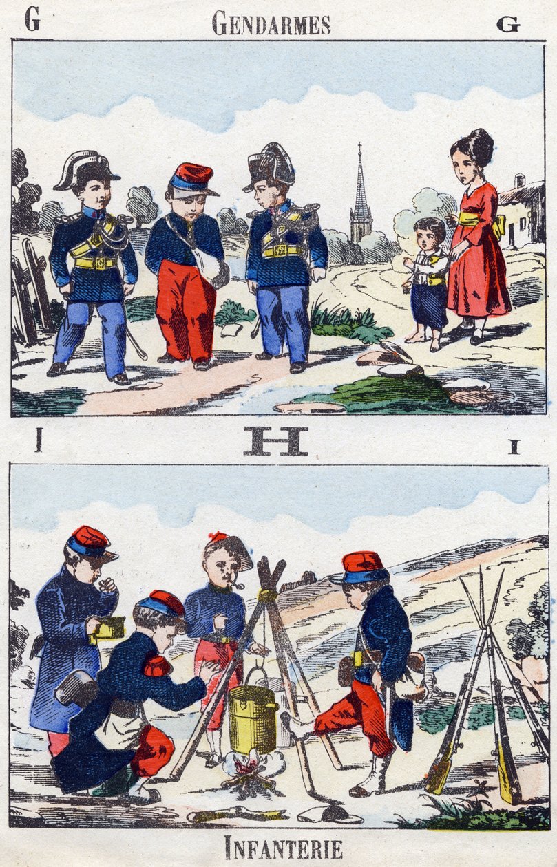 G H I betűk: Csendőrök és gyalogság. Metszet "Alphabet militaire enfantin" felirattal. Pont-a-Mousson képei, 1890 körül. 20 oldal. Mérete: 28,5x21 cm alkotó: Unbekannt