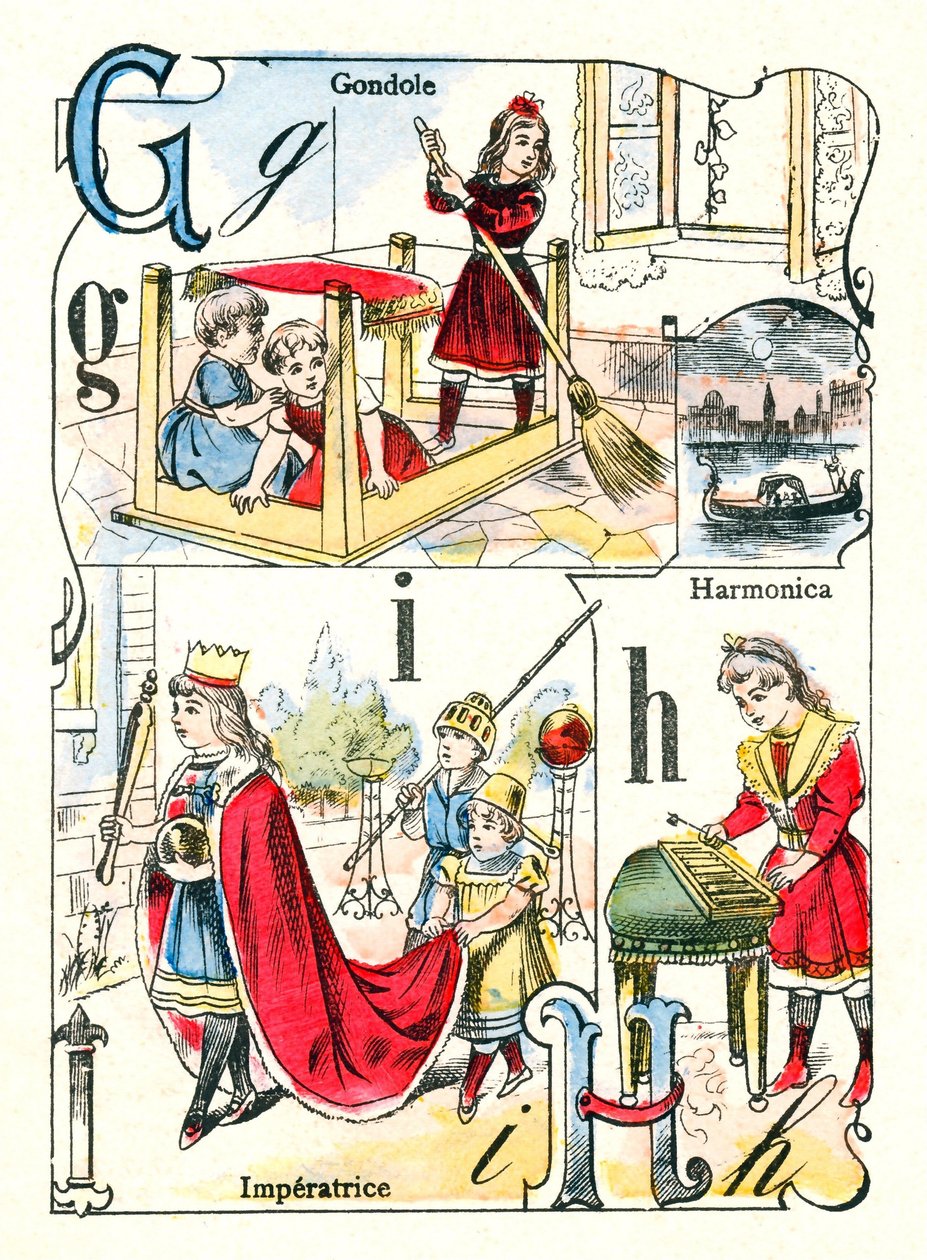 G, I és H betűk. Gondolán, imperatricen és szájharmonikán játszó gyerekek. Metszet "Mókás ábécé"-ben. Pont-a-Mousson képalkotása. Nyomtatás és kiadás Louis Vagne, 19. század vége alkotó: Unbekannt