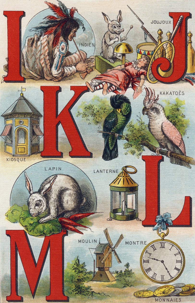 Levelek I J K L; Indián; Játékok; Kakatu; Kioszk; Lámpa; Nyúl; Érmék óra; malom. Metszet "Az unokám ábécéjébe". Bernardin-Bechet és Fils, könyvkereskedő-kiadók, Párizs, 1895 körül. Törhetetlen album vásznon. Babakönyvtár. 12 alkotó: Unbekannt